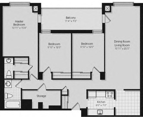 190 CityView Apartments 3 bedroom, 2 bathroom floor plan variation A in Brampton, O